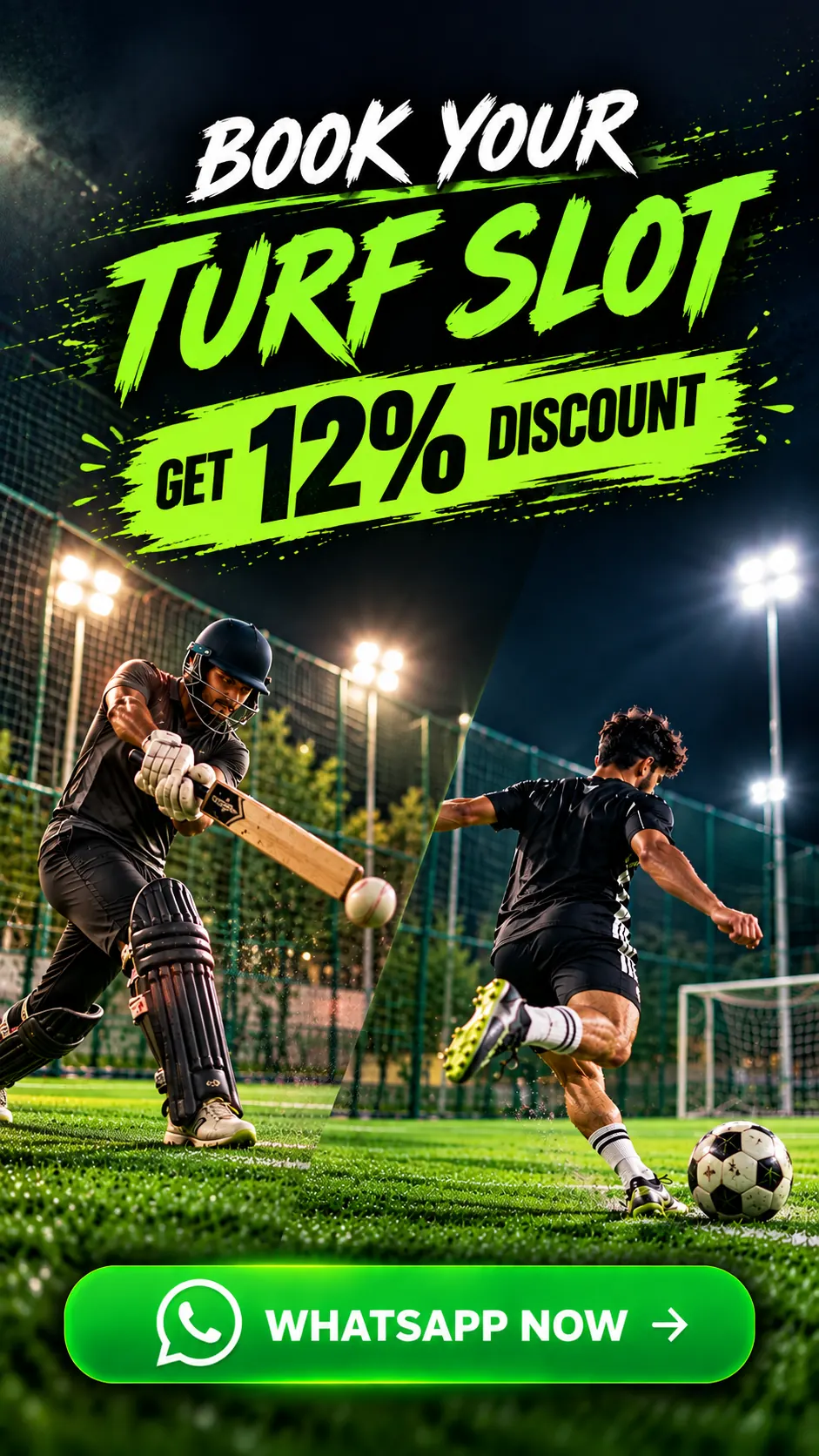 Special turf booking offer. Tap to contact us on WhatsApp.